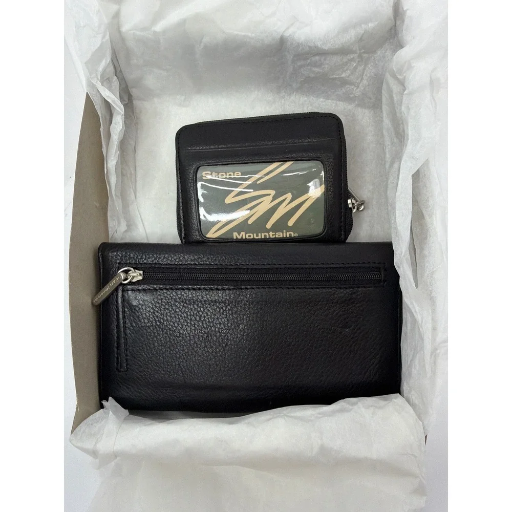 Stone‎ Mountain Black Pebbled Leather Trifold Wallet and Coin Purse Set w/ Strap